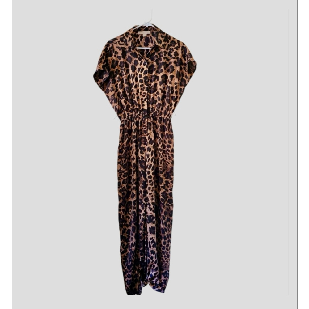 Michael Kors Leopard Print Wide Leg Jumpsuit XS Collared Button Front - Picture 2 of 13